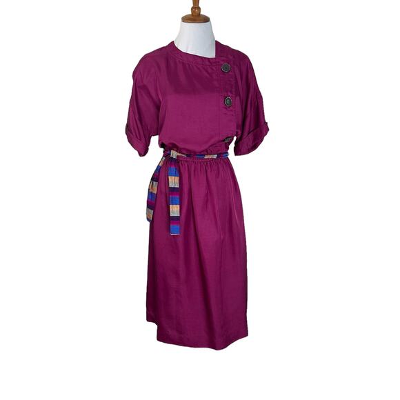 Vintage 80s Fuchsia Purple Secretary Midi Work Dress Lightweight M - Picture 2 of 8
